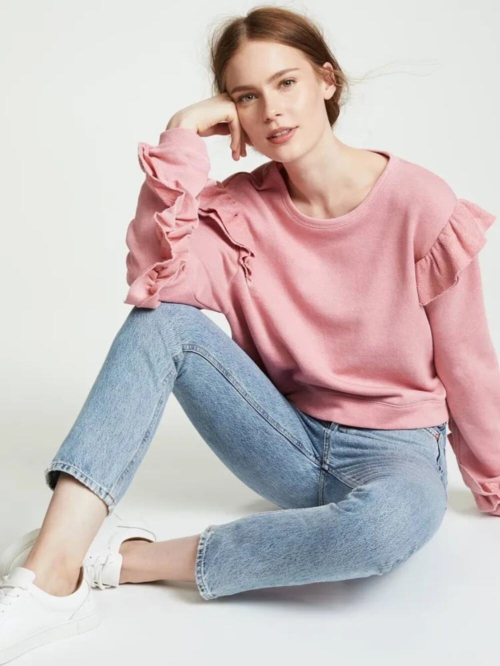 LoveShackFancy Pink Ruffle Cropped French Terry Sweatshirt Sz S